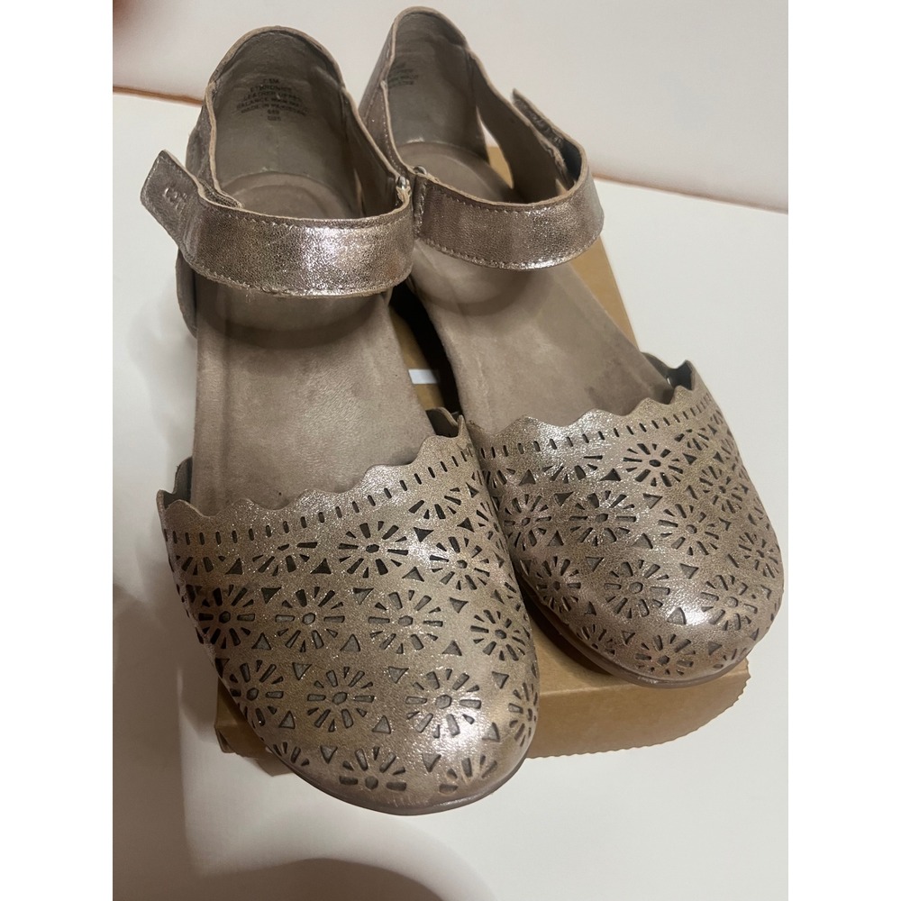 Earth ET Bronnie Pewter Metallic Leather Laser Cut Mary Jane Flats 7.5 M